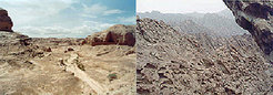 Left: The two tiny dark spots on the right are some of the numerous grottoes or cave temples etched into the sandy cliff face of the Kuche region.Right: A traffic stall for road construction facilitated this shot of slanted layers of rock and sand from the window of our car.