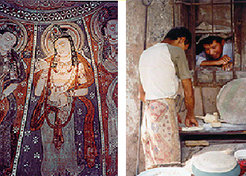 Left: China’s Stained Glass Windows: A close up of the ceiling dome inside the grotto caves of Kumtura.Right: Making bread “nang” in Kashgar.