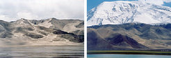 Left: The drive from Kashgar to Tashkurghan along sands appearing like a hologram.Right: Karakul Lake on the Kharakorum Highway through the mountains that lead to Pakistan.