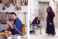 Left: Traditional Uyghur musical instruments.Right: Two Muslim women remove the traditional head veil that covers their face. Dress varies widely in Kashgar.