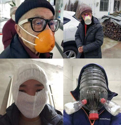 Photo 2: A man wears a facemask made of orange peel in a hospital (photo from Weibo account Hamei) • Photo 3: A man wears facemask made of Instant noodles. (Photo from Weibo account Nuli huozhe de Women) • Photo 4: A man wears a facemask which is a baby diaper. (Photo from Internet) • Photo 5: A man wears a facemask made of bottles (photo from Weibo account Chengdu Chitu Qingnian)