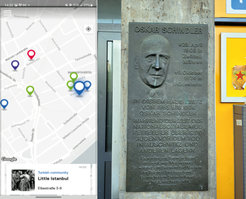 left: Screenshot of Bahnhofsviertel - Walking App Tour © Jewish Museum Frankfurt - right: Oskar Schindler Sign © Arndt Emmerich